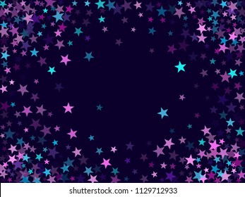 Border of star sparkle texture glitter pattern. Trendy colored confetti of flying stars, magic geometric sparkles stardust vector background frame. Cosmic party design.