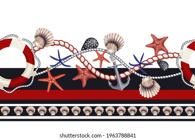 Borde con estepas, anclas, conchas y salvavidas. Vector
