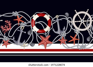 Border with starfishes, anchors, shells and lifebuoys. Vector