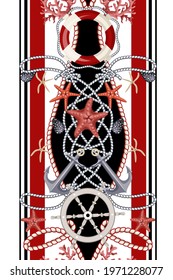 Border with starfishes, anchors, shells and lifebuoys. Vector