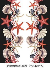 Border With Starfishes, Shells And Rope. Vector Trendy Print
