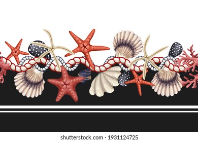 Border With Starfishes, Shells And Rope. Vector Trendy Print. 