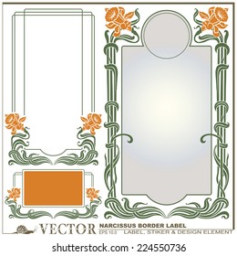 Border style labels on different topics with flower narcissus for decoration and design