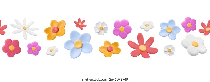 Borda com botões de flores de verão. 3d florescer elementos padrão sem costura. Fundo do prado com formas de plástico. Ilustração isolada de vetor. Plantas brilhantes em estilo plástico.