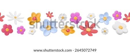 Border with summer flower buds. 3d bloom elements seamless pattern. Meadow background with plasticine shapes. Isolated vector illustration. Bright plants in plastic style.