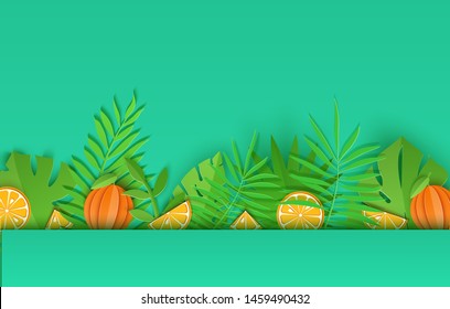 Border of summer tropical leaves an orange fruit in paper cut style. Craft jungle green plants botanic collection with shadow. Creative vector card illustration in paper cutting art style.