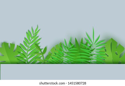 Border of summer tropical leaves in paper cut style. Craft jungle plants collection on grey background. Creative vector card illustration in paper cutting art style