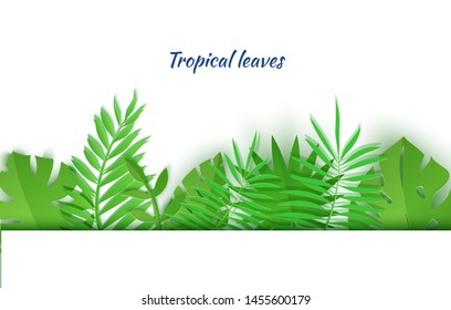 Border of summer tropical leaves in paper cut style. Craft jungle plants collection on white background. Creative vector card illustration in paper cutting art style