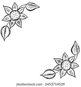 Border with sunflower and leaves in sketch style