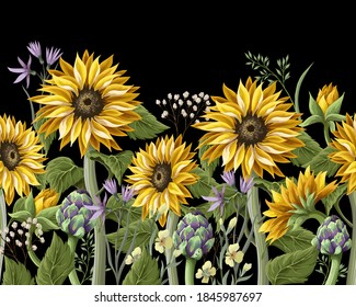 Border with Sunflowers bouquet,
artichoke and wild flower. Vector illustration.