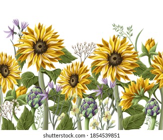 Border with Sunflowers bouquet,
artichoke and wild flower. Vector illustration