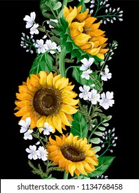 Border with Sunflowers bouquet and wild flower. Vector illustration.