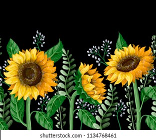 Border with Sunflowers bouquet and wild flower. Vector illustration.