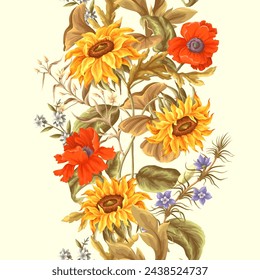 Border with sunflowers, poppies and other wild flowers. Vector