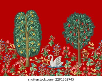 Border with swan, trees and flowers in Middle Ages gobelen style. Vector