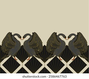 Border with swans and art deco elements. Vector