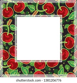 Border with sweet cherry and leawes on dark background. Vector illustration. Design element for photo frame, poster or home decor.