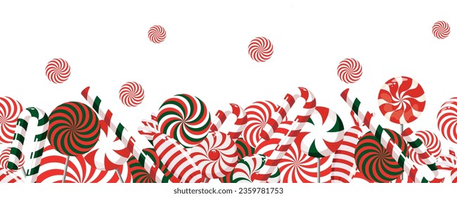 The border is a sweet Christmas candy. Lollipop on a stick. Festive sweetness. Caramel candies. Sweet New Year's dessert.