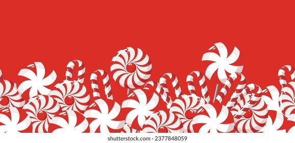 The border is a sweet Christmas candy. Lollipop on a stick. Festive sweetness. Caramel candies. Sweet New Year's dessert.	