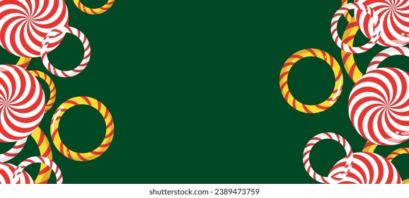 The border is a sweet Christmas candy. Lollipop on a stick. Festive sweetness. Caramel candies. Sweet New Year's dessert. A place to copy.