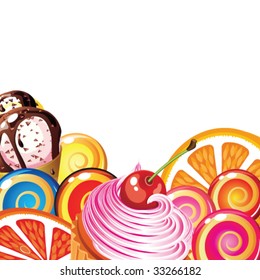 Border of sweets, cakes, fruit, berries and ice cream.