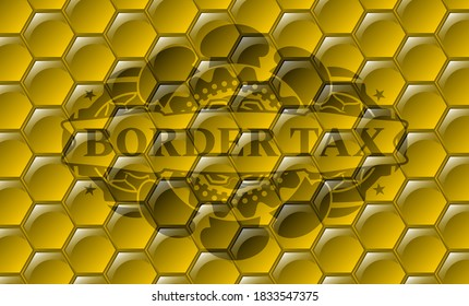 border tax text inside honey bees realistic badge. beekeeping fashionable background. Illustration. 
