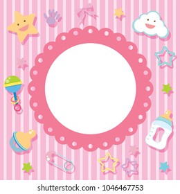 Border template with baby items on pink background illustration