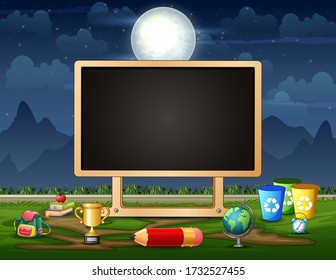 Border template background with learning equipment at night