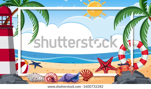 Vektor Stok Border Template Beach Scene Background Illustration (Tanpa ...