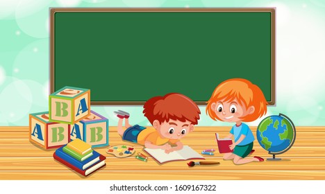 Border template with boy and girl reading book illustration