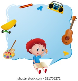 Border template with boy writing in book illustration