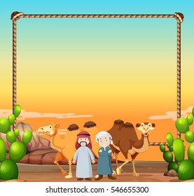 Border template with camels and Arab men illustration