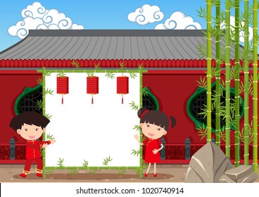 Border template with chinese kids at temple illustration