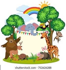 Border template with cute animals in garden illustration
