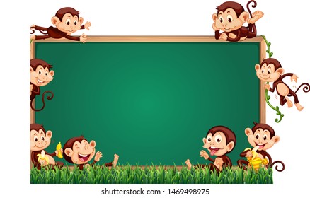 Border template with cute monkeys on grass illustration