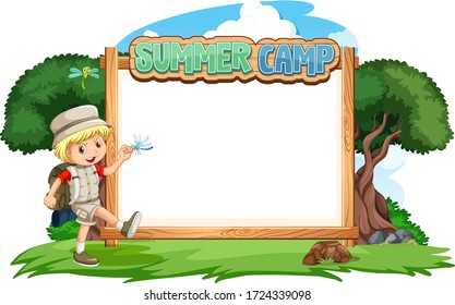 Diseño de plantillas de borde con niño en la ilustración de fondo del campamento de verano