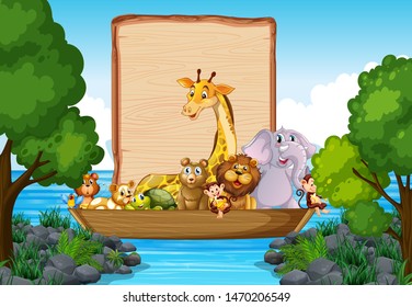Border template design with cute animals on boat illustration