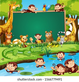 Border template design with cute animals in forest illustration