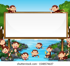 Border template design with cute monkeys in forest illustration