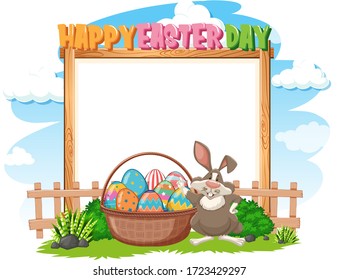 Border template design with Easter bunny and eggs in garden illustration