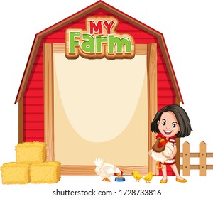 Border template design with girl and chickens illustration
