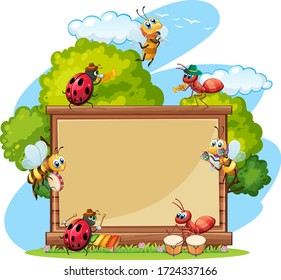 Border template design with insects in the garden background illustration