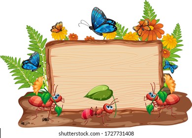 Diseño de plantillas de borde con insectos en la ilustración de fondo del jardín
