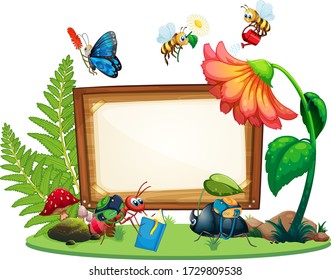Border template design with insects in the garden background illustration