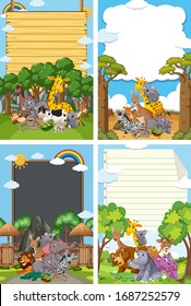 Border template design with many wild animals in background illustration