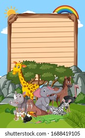 Border template design with many wild animals in background illustration