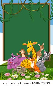 Border template design with many wild animals in background illustration