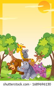 Border template design with many wild animals in background illustration