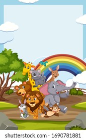 Border template design with many wild animals in background illustration