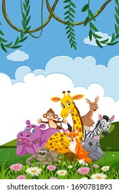 Border template design with many wild animals in background illustration